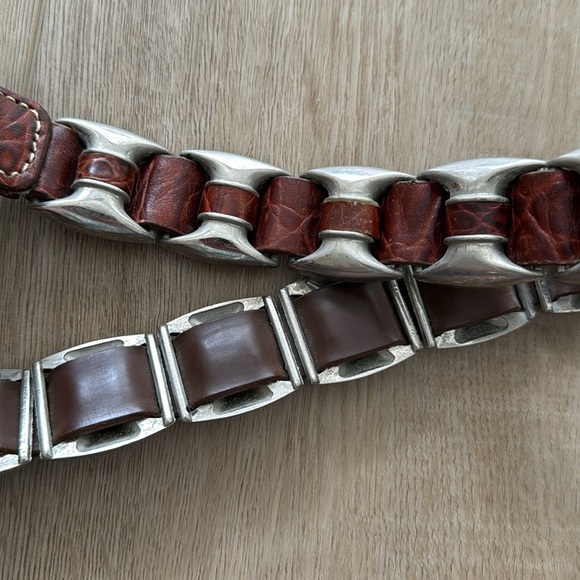 Vintage Genuine Leather Brown Unique Silvertone Embellished Woven Heavy Belt - Picture 8 of 17